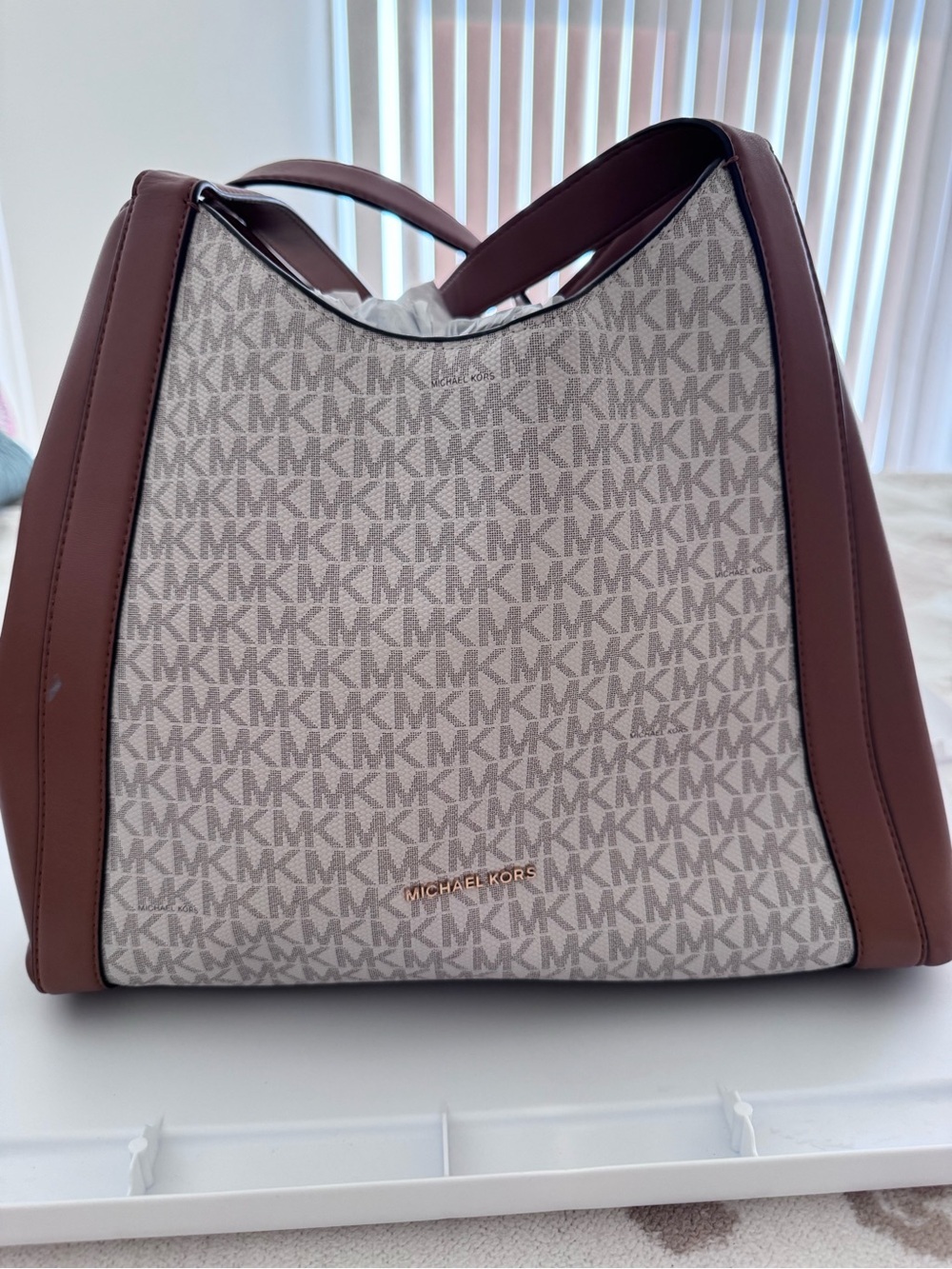 Michael Kors Beige MK Logo Shoulder Bag with Brown Trim